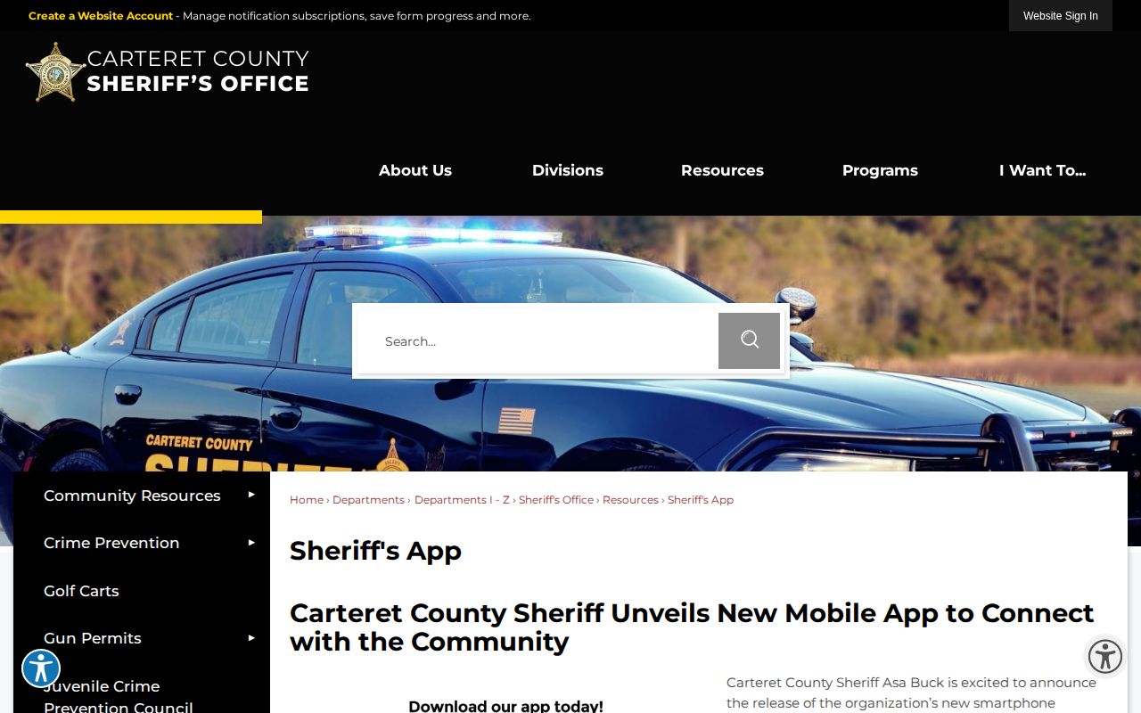 Carteret Sheriff NC app page for jail information and possible booking-photo access
